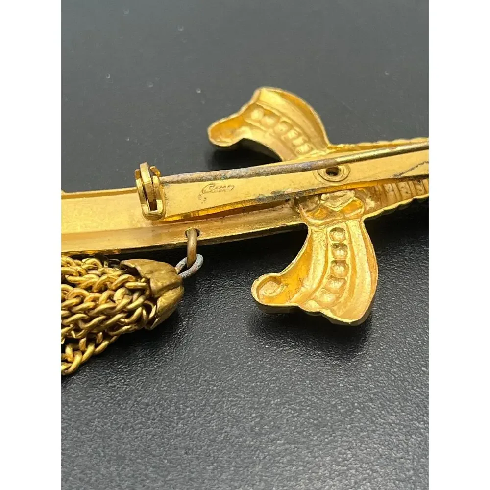 Coro Vintage Signed Gold‎ Tone Sword Dagger Brooch With Tassels and Green Stone